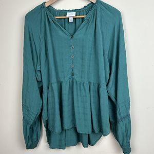 Knox Rose Green Peplum Peasant Blouse High Low Buttons Flowy Boho Size XL